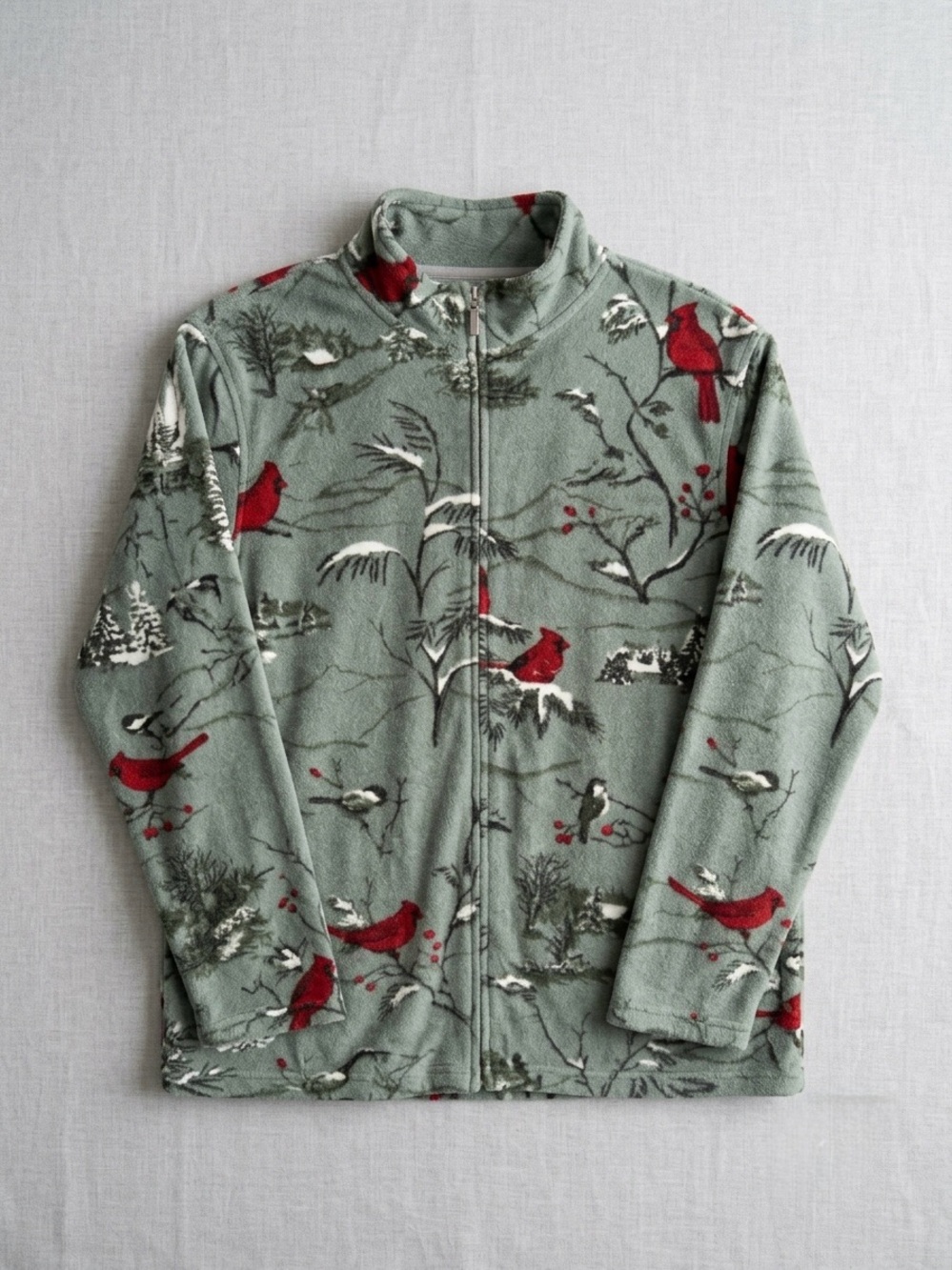 Vintage Northern Reflections Sage Green Puffer Jacket with Red Cardinal Print